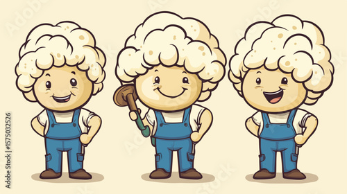 Cauliflower Head and Plumber Cartoon Mascot Illustration
