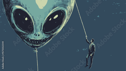 Businessman Hanging on Alien Face Balloon