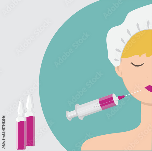 Beautiful woman doing beauty injections, lips, syringe, injections, ampoules, rejuvenation, fillers