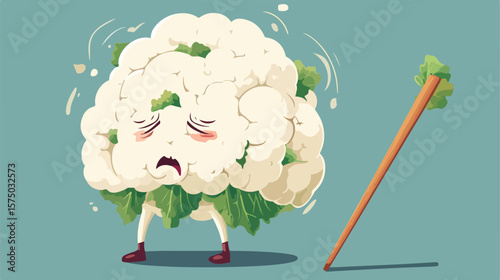Sick Cartoon Cauliflower Head with Limping Stick Character