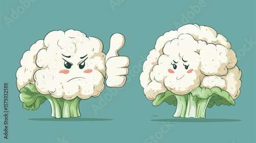 Cheerful cartoon cauliflower head with thumbs up and thumbs down gestures