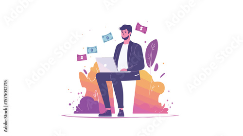 Successful businessman with laptop and money animation