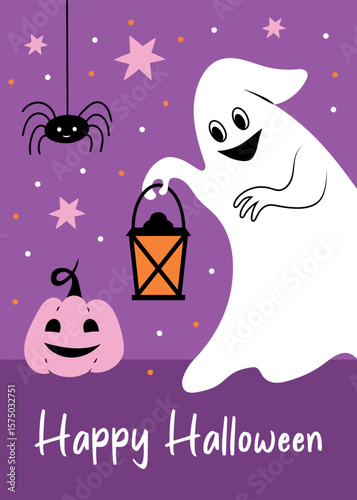 Cute halloween postcard of a spider, pumkin and ghost holding lantern ,vector illustration.