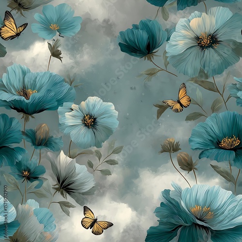 the image showcases a collection of blue flowers with yellow centers, set against a soft background that resembles a cloudy sky seamless pattern 