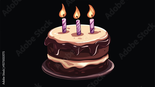 Celebration Cake with Three Candles Flat Vector Illustration