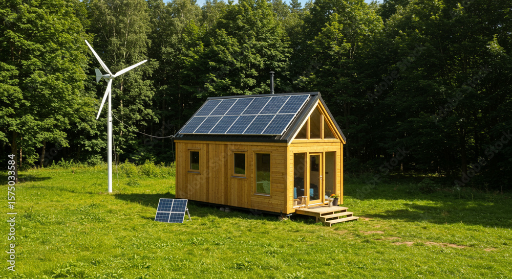 Obraz premium Old wooden cottage in a green summer field under a blue sky