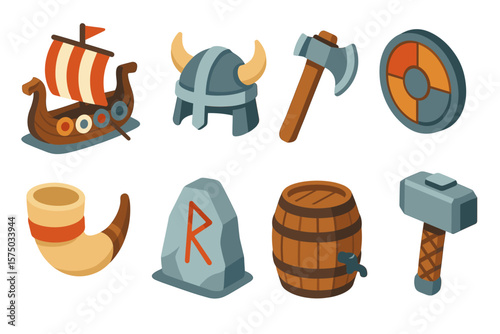 Viking theme elements in flat design with iconic nordic symbols