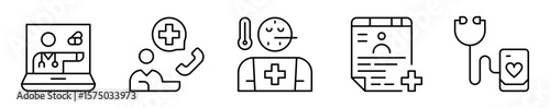 Conjunto de iconos de telemedicina. Herramientas y procesos digitales. Consulta virtual, llamada de emergencia, monitoreo de temperatura, ficha médica y dispositivo. Ilustración vectorial 