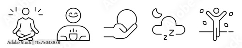 Conjunto de iconos de antiestrés. Bienestar emocional.  Meditación, relajación, liberación, descanso y movimiento. Ilustración vectorial 