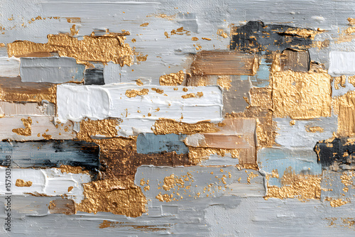 Textura de pintura al &oacute;leo abstracta sobre lienzo. Obra de arte moderna colorida, trazos abstractos de pintura dorada y blanca.