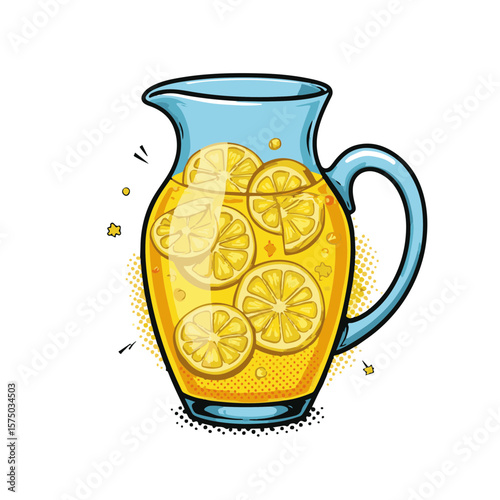 Vibrant pop art lemonade pitcher pouring refreshing drink, isolated on white background, concept of summer enjoyment and refreshment.