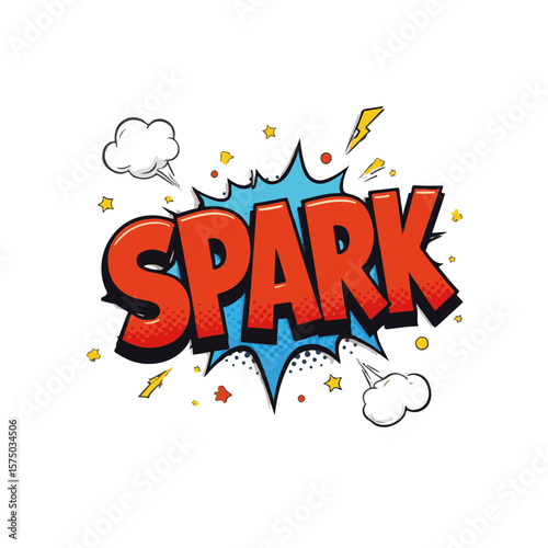 Vibrant pop art explosion featuring the word "SPARK" in bold colors and dynamic shapes, isolated on white background, concept of creativity and energy.