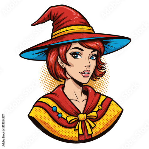 Vibrant pop art witch with a red hat and playful expression, isolated on white background, Halloween and magical concept.