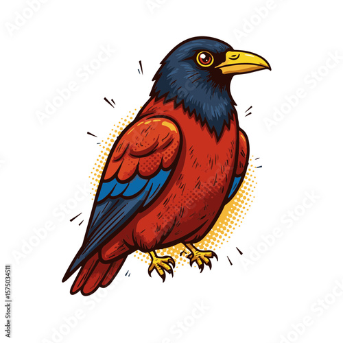 Vibrant pop art raven in bold colors and dynamic shapes on a white background, concept of graphic design and illustration businesses.