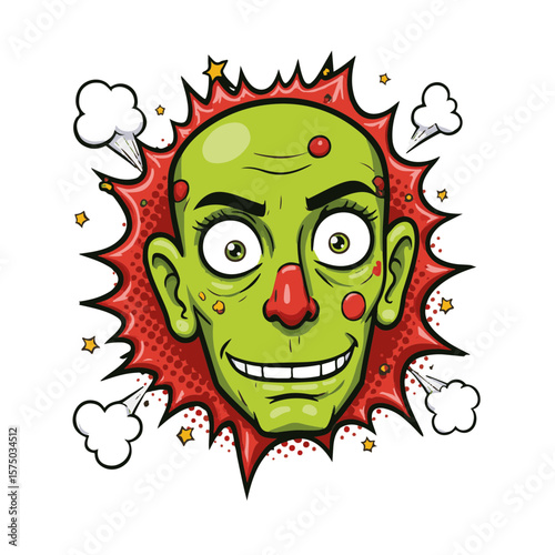 Playful green-faced character with a big smile and bright red accents, pop art style, isolated on white, fun and comic art concept of illustration and design.