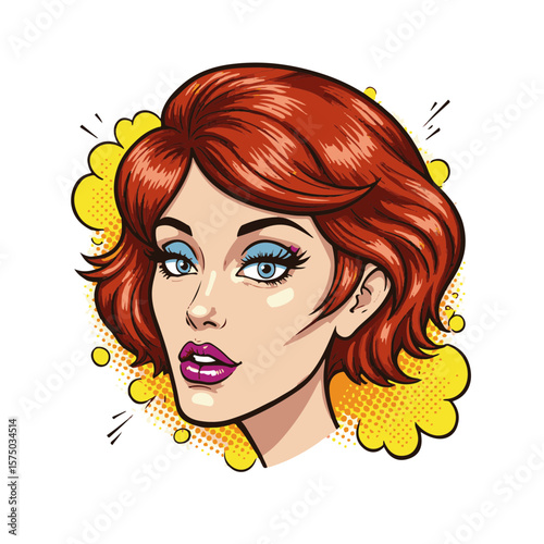 Vibrant pop art portrait of a stylish young woman with red hair and blue eyes, isolated on white, expressing confidence and creativity, concept of graphic design and advertising.