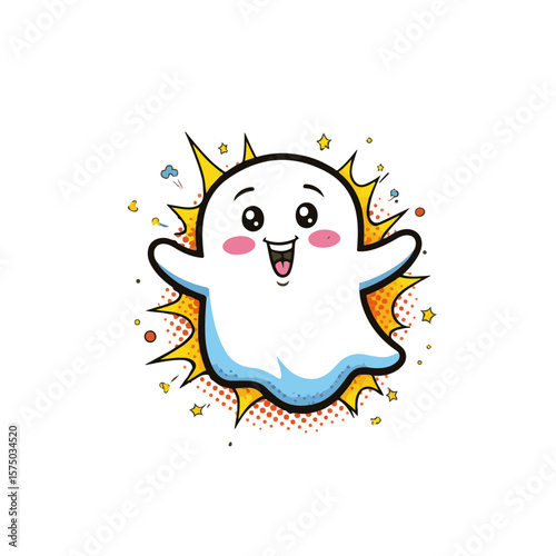 Playful ghost character smiling with dynamic shapes and bold colors, pop art style, illustration concept of graphic design and entertainment.