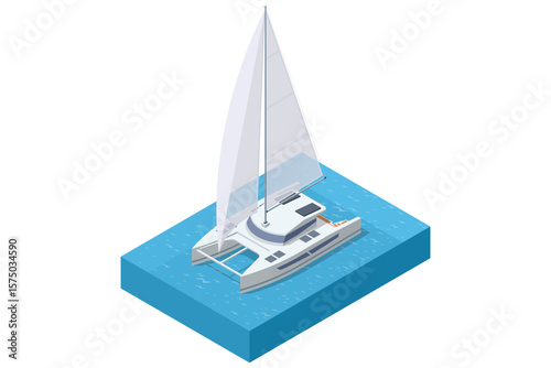 A large, modern Isometric catamaran yacht with raised sails glides gracefully on a calm blue body of water, ready for a luxurious voyage