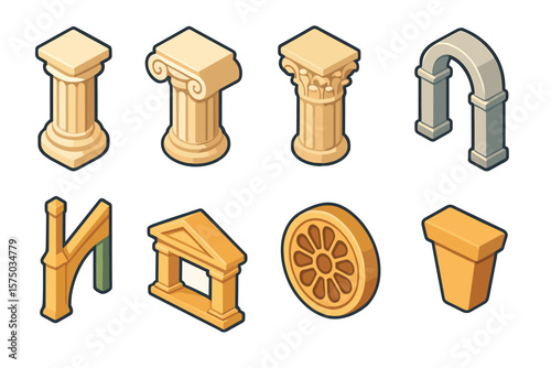 Isometric icon set of classic architectural elements and columns