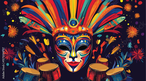 Vibrant Carnival Mask and Drums Background Vector