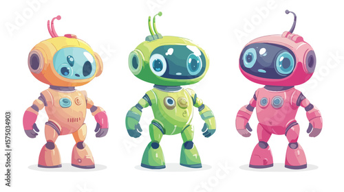 Colorful Cartoon Alien Robot Toys Character Android Isolated on White Background