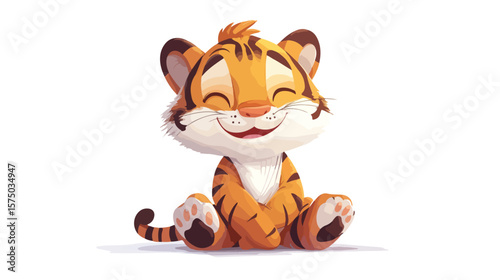 Cute Cartoon Baby Tiger Sitting Happily Isolated on White Background