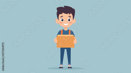 Cute Cartoon Boy Carrying Donation Box - Flat Vector Illustration