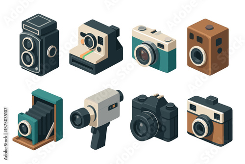 Retro cameras set: classic photography devices in detailed isometric design