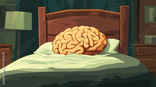 Cute Cartoon Brain Sleeping in Bed Flat Vector Illustration