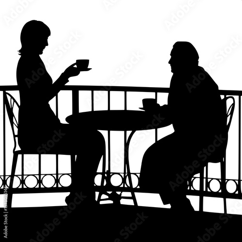 Silhouette of two people at an outdoor cafe table, one young adult and one older adult in casual clothing, conversing across a round table. The older person gestures animatedly with one hand while the