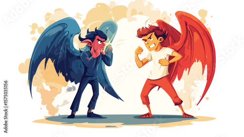 Intense Cartoon Character Battle Between Devil and Angel
