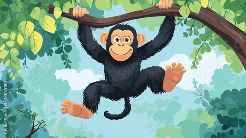 Playful Cartoon Chimpanzee Hanging in Tree Branch Flat Illustration
