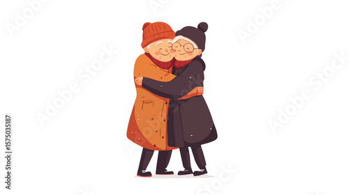 Affectionate Cartoon Chinese Old Couple Hugging in Flat Vector Style