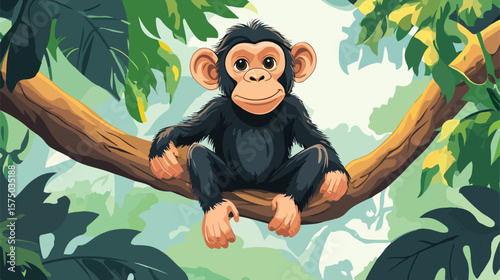 Playful Cartoon Chimpanzee Sitting on Tree Branch