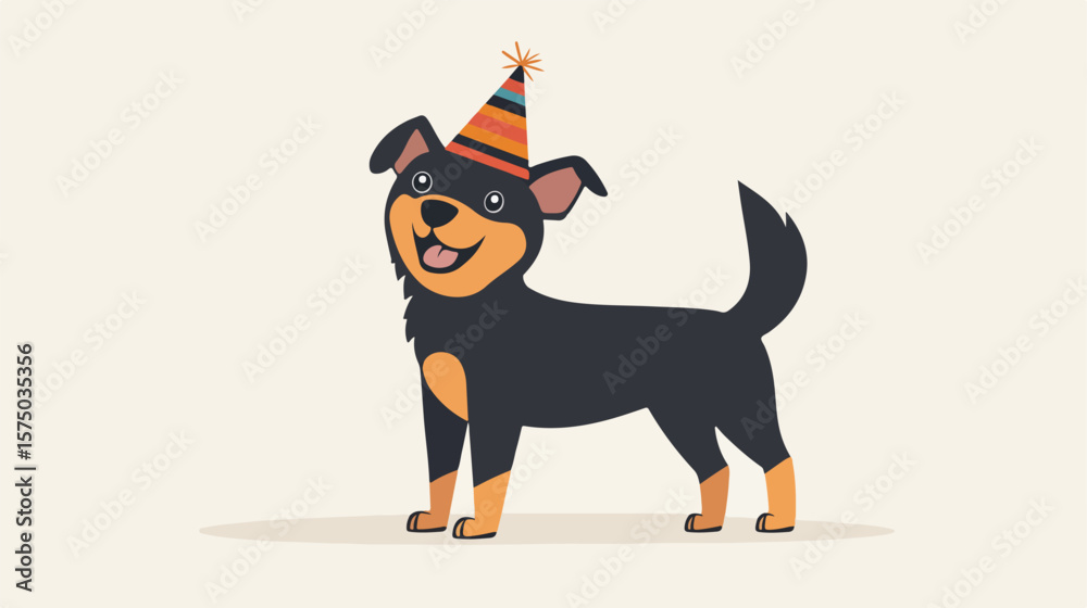 Obraz premium Cheerful Cartoon Dog Wearing Party Hat Flat Vector Illustration