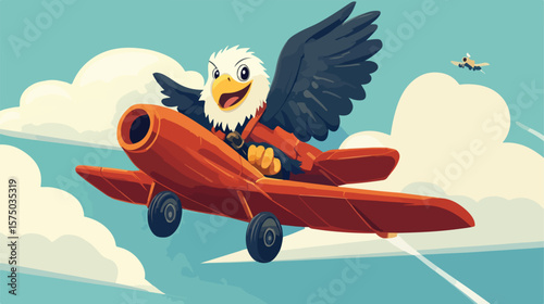 Adorable Eagle Riding Plane Cartoon Vector Illustration