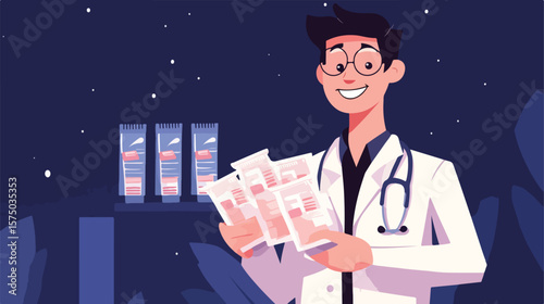 Cheerful Cartoon Doctor Holding Pack of Condoms in Flat Vector Style