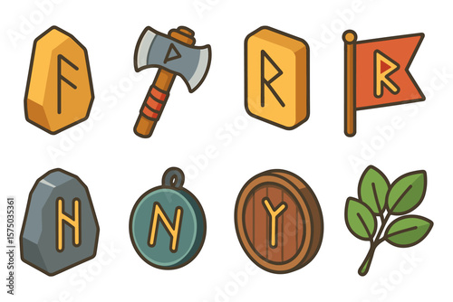 Norse themed icon set featuring runes, axe, viking shield, and nature elements in flat style