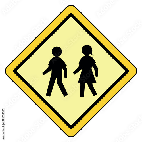 Yellow diamond sign with black figures of people warning sign