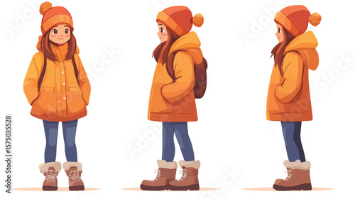 Cute Cartoon Girl in Winter Outfit Flat Vector Illustration