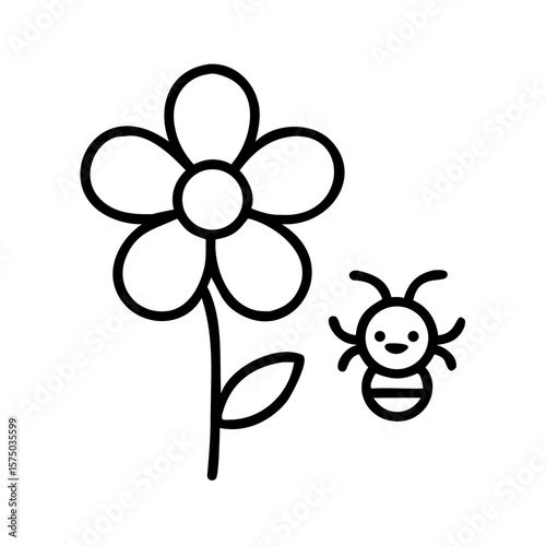 Flower with bee illustration in simple line art style  