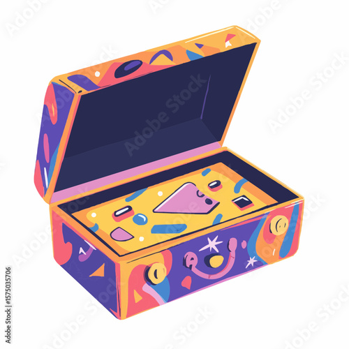 Naive flat cartoon clipart of open game box with colorful cheerful look, ideal for greeting cards, printable projects and packaging