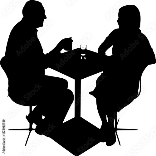 Symmetrical silhouette composition of two people at a modern bistro table, mid-conversation. The older figure leans forward slightly with gesturing hands, while the younger person relaxes back with a 