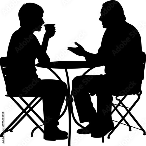 Outdoor café scene in silhouette style: two figures seated at a simple round table. The younger figure holds a coffee cup near their mouth, the elder is mid-sentence, using hand gestures to emphasize 