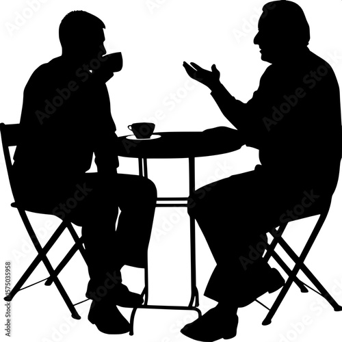 Outdoor café scene in silhouette style: two figures seated at a simple round table. The younger figure holds a coffee cup near their mouth, the elder is mid-sentence, using hand gestures to emphasize 