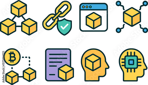 Blockchain technology icons set: blocks, links, shields, and network in a modern flat style