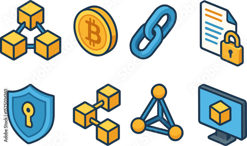Blockchain and cryptocurrency icons in modern flat design style