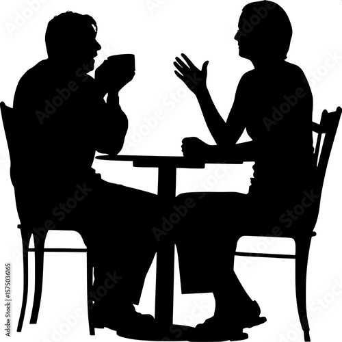 High-contrast black silhouette of two seated individuals at a cafe table. One hand holds a mug while the other pair of hands is raised in animated speech. The background is stark white, drawing attent