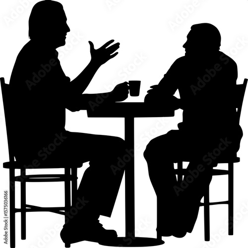 High-contrast black silhouette of two seated individuals at a cafe table. One hand holds a mug while the other pair of hands is raised in animated speech. The background is stark white, drawing attent