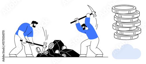 Workers breaking rocks with tools to extract resources beside coin stacks and a cloud design. Ideal for mining, labor, cryptocurrency, economy, teamwork, effort, success themes simple flat metaphor